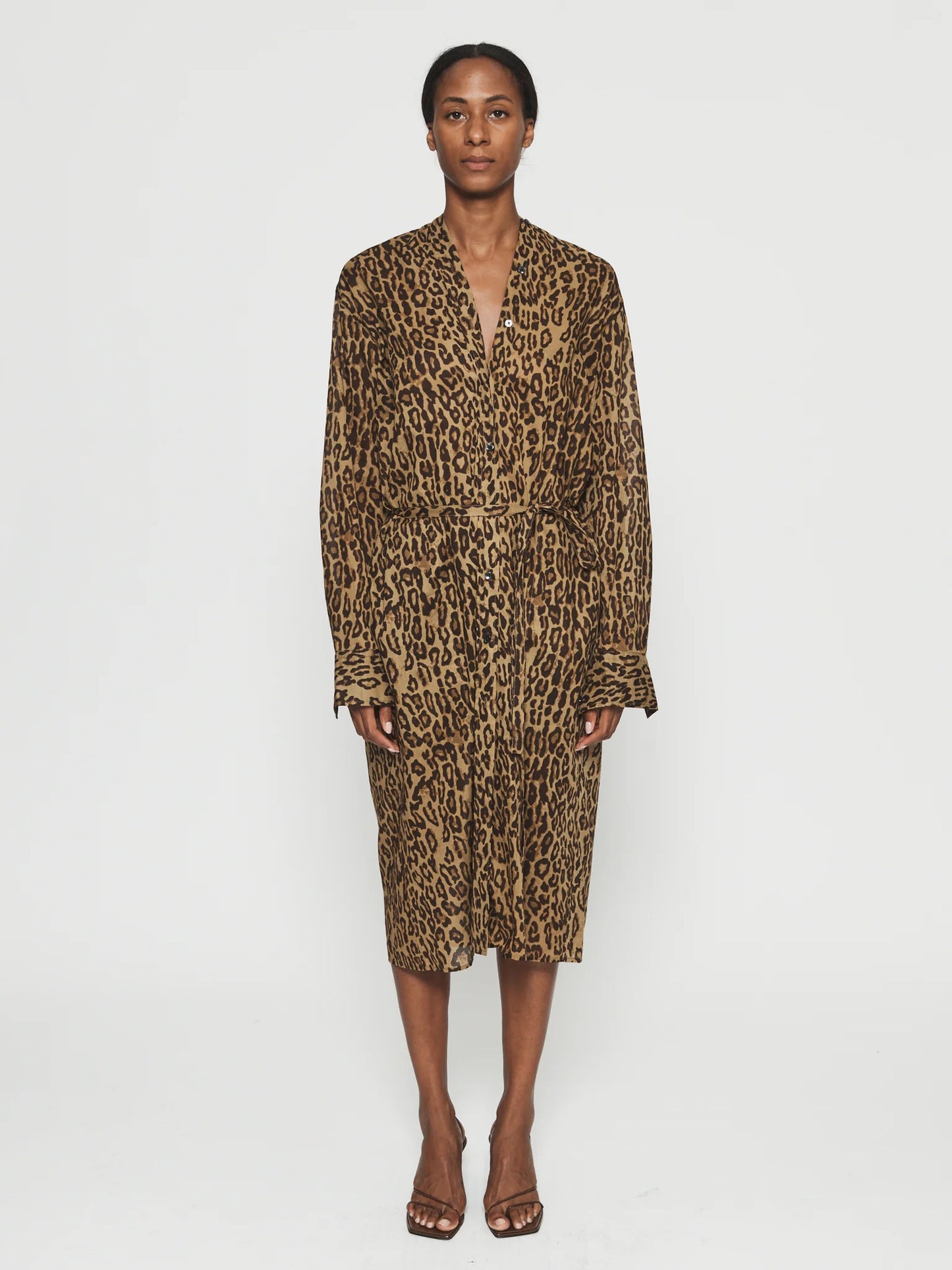 Collarless Shirt Dress in Leopard