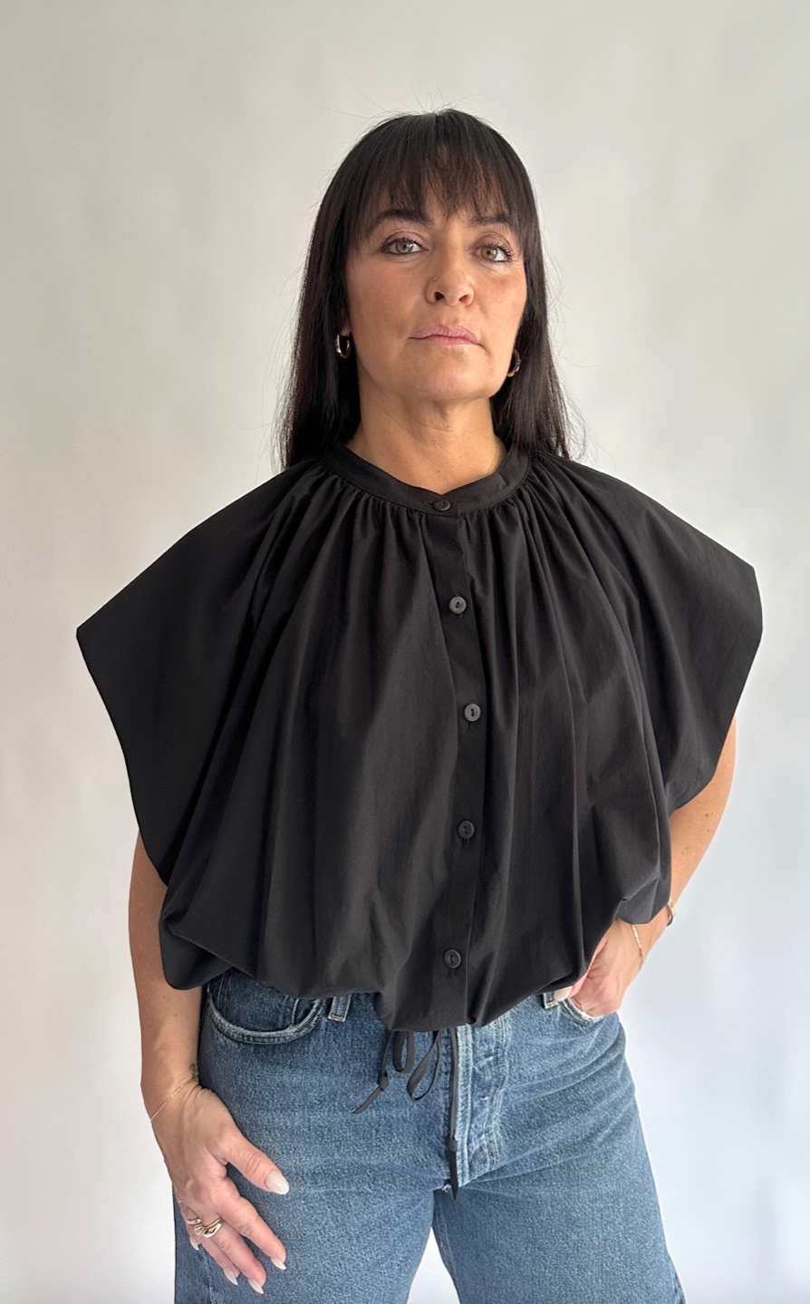 Pleated Drawstring Top in Black