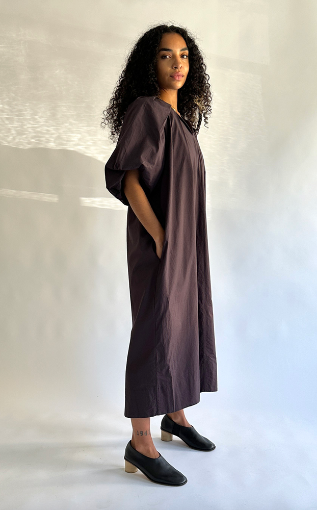 
                      
                        Tucked Cocoon Dress in Eggplant
                      
                    