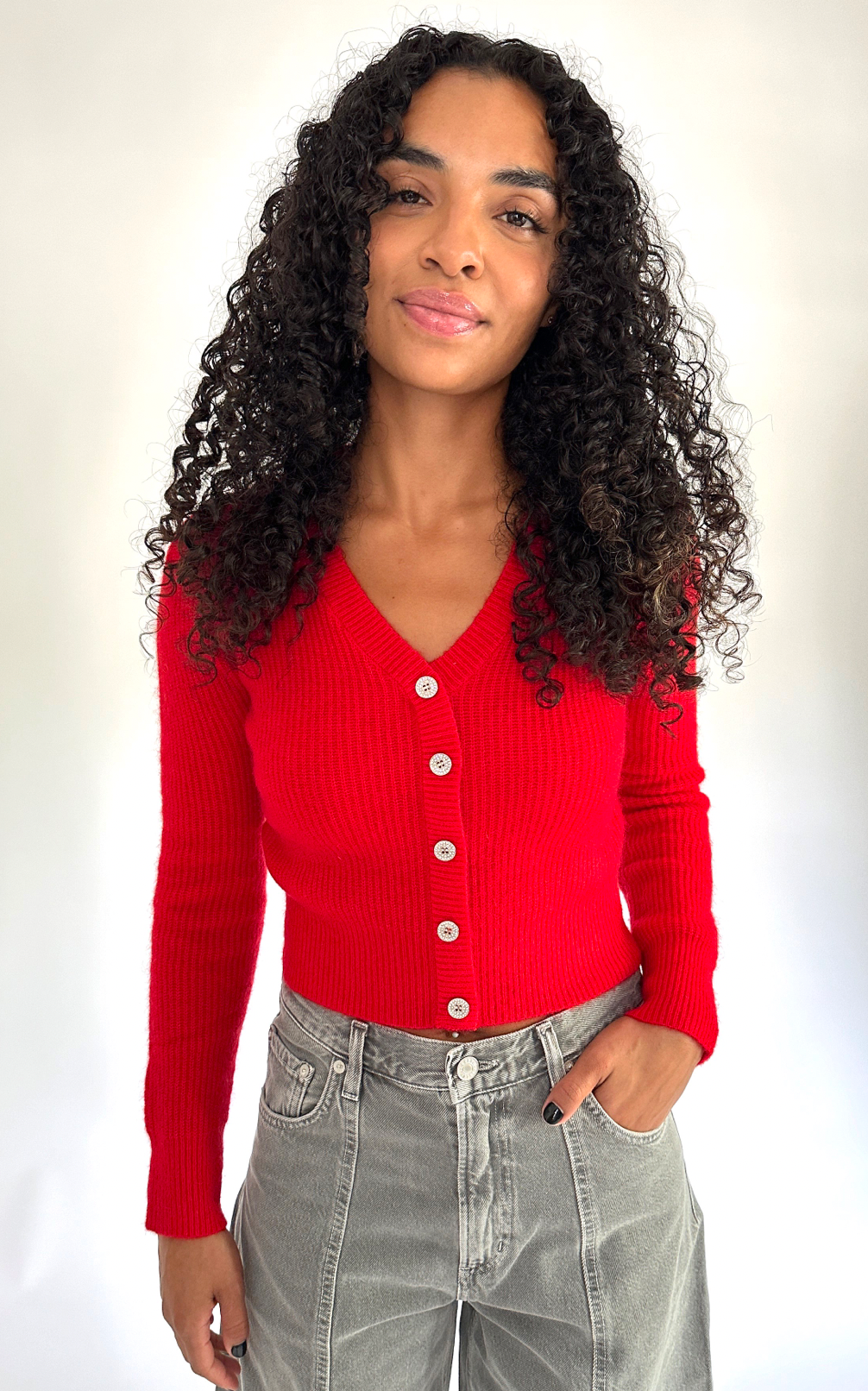 Cropped Mohair Cardigan in Red