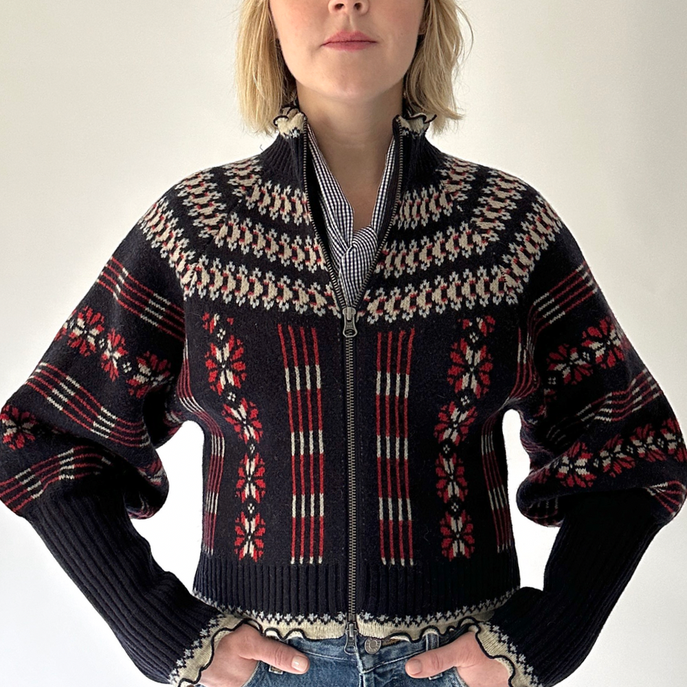 
                      
                        Ayala Cardigan in Navy & Red
                      
                    