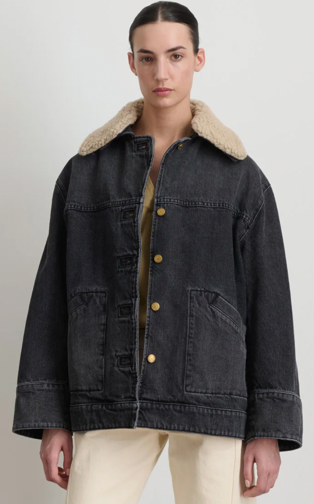 Stadium Jacket with Collar in Stil Black / Oatmeal