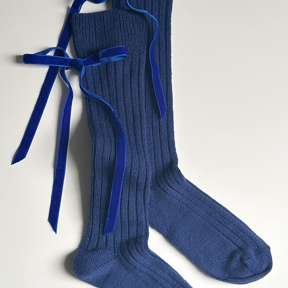 Velvet Bow Knee Sock in Blue