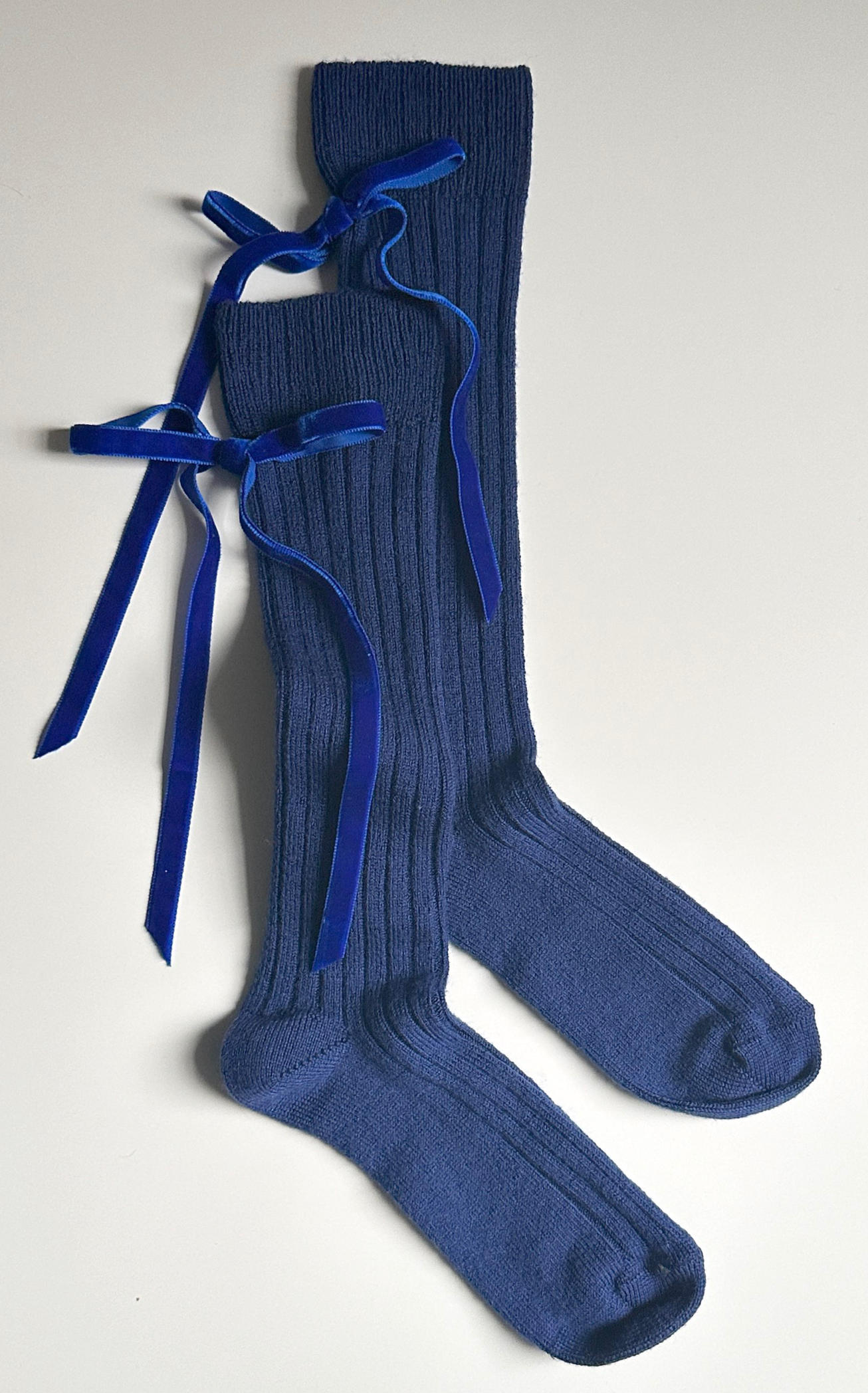 Velvet Bow Knee Sock in Blue