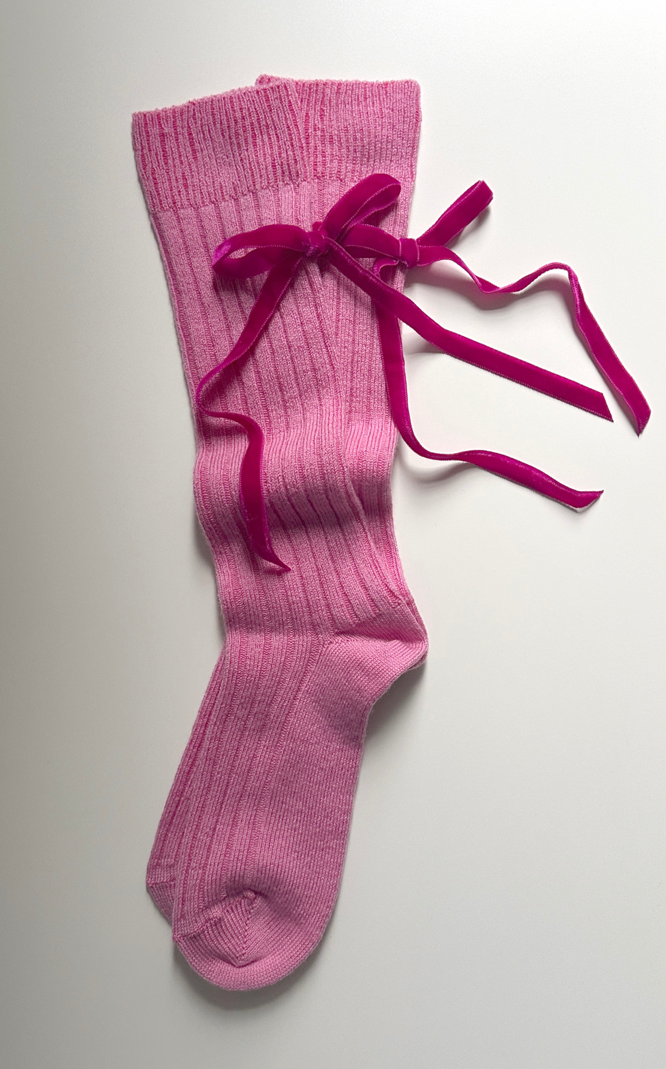 Velvet Bow Knee Sock in Pink