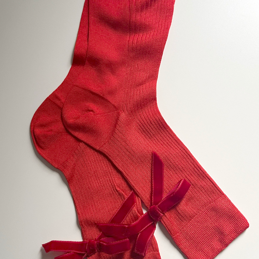 Velvet Bow Ankle Sock in Red