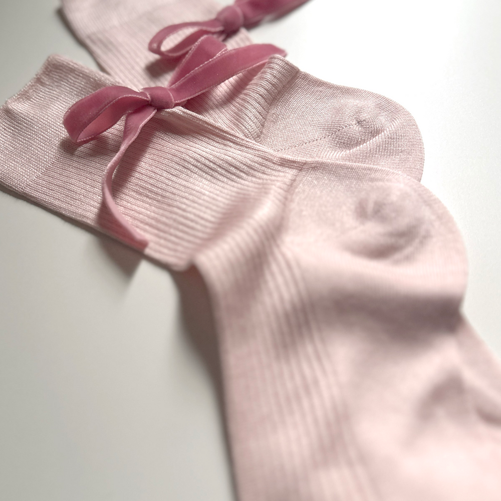 Velvet Bow Ankle Sock in Baby Pink