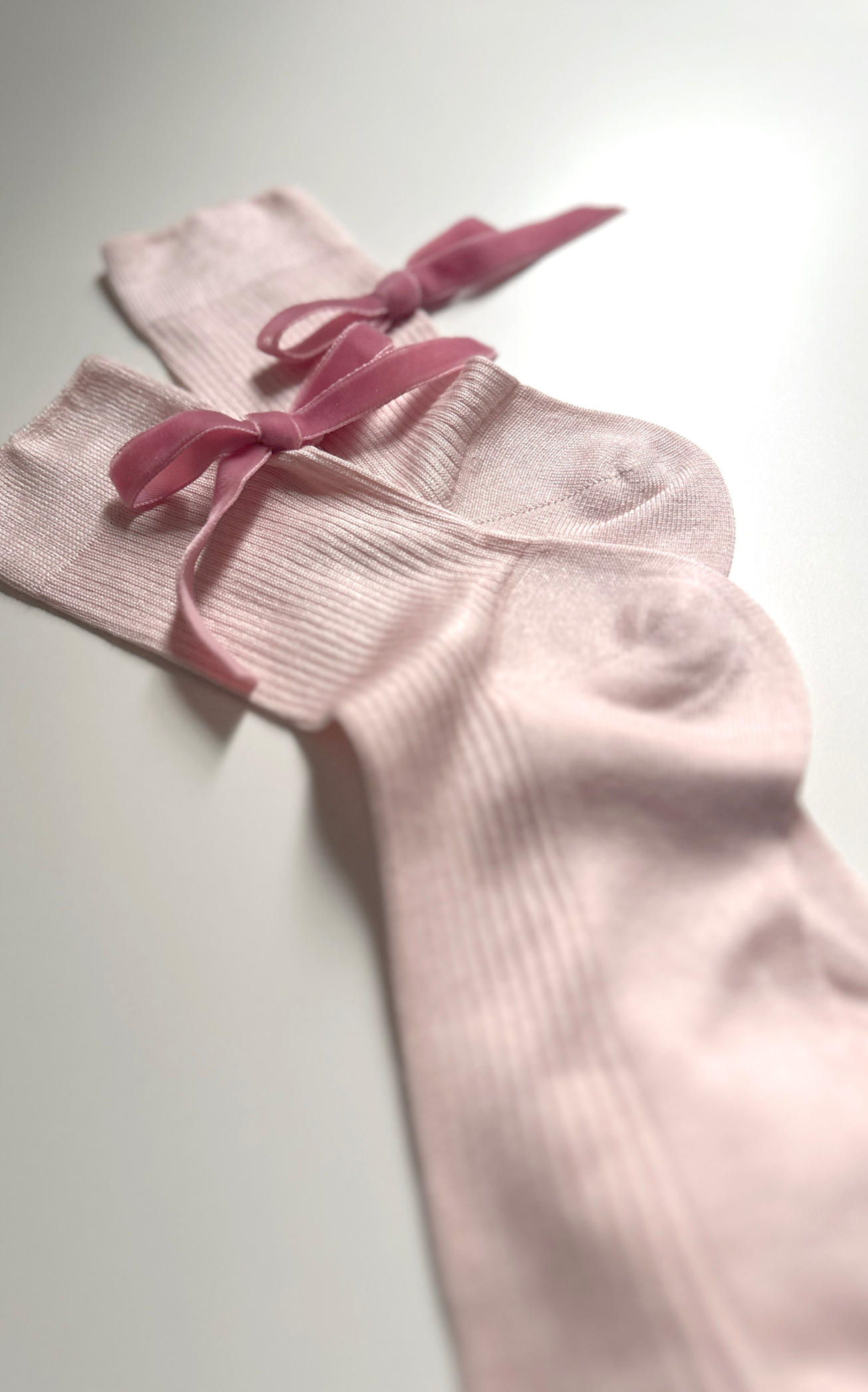 Velvet Bow Ankle Sock in Baby Pink