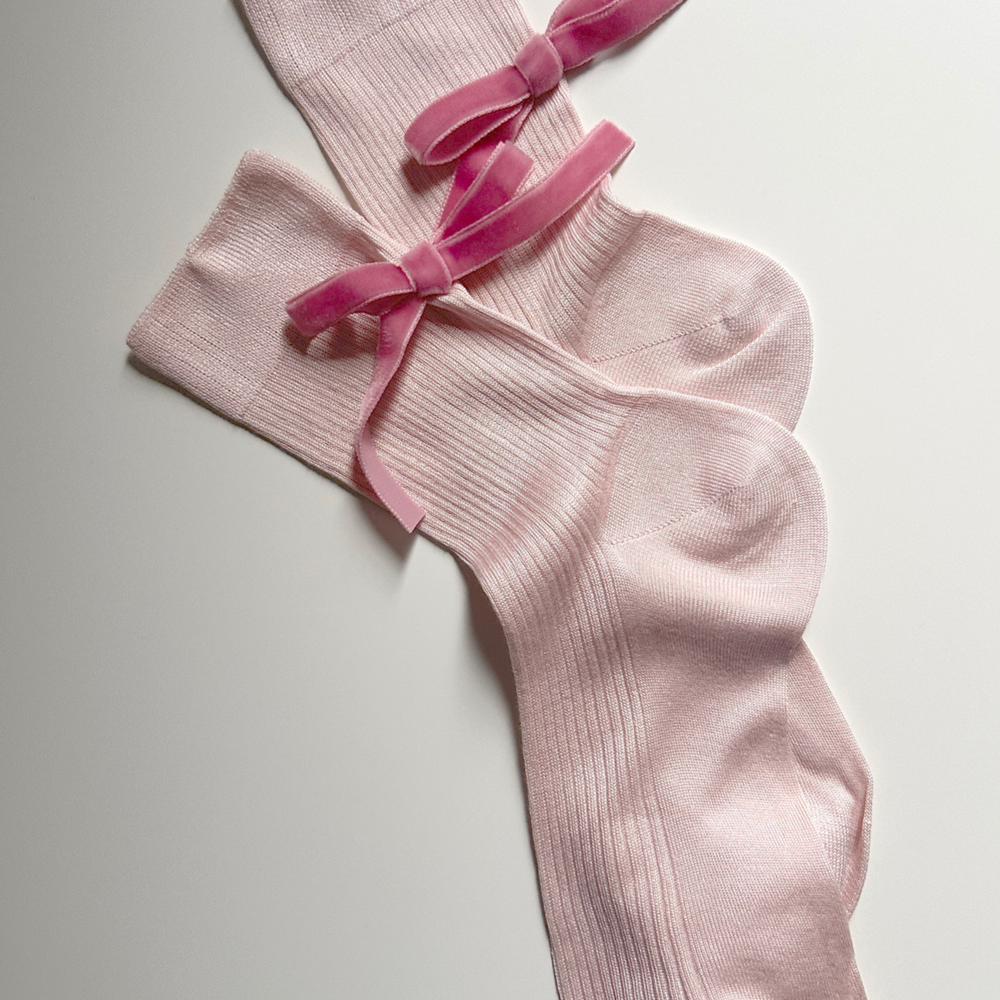 Velvet Bow Ankle Sock in Baby Pink