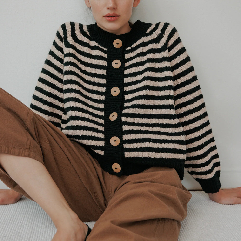 
                  
                    Stripe Bomber Cardigan in Black / Cream
                  
                