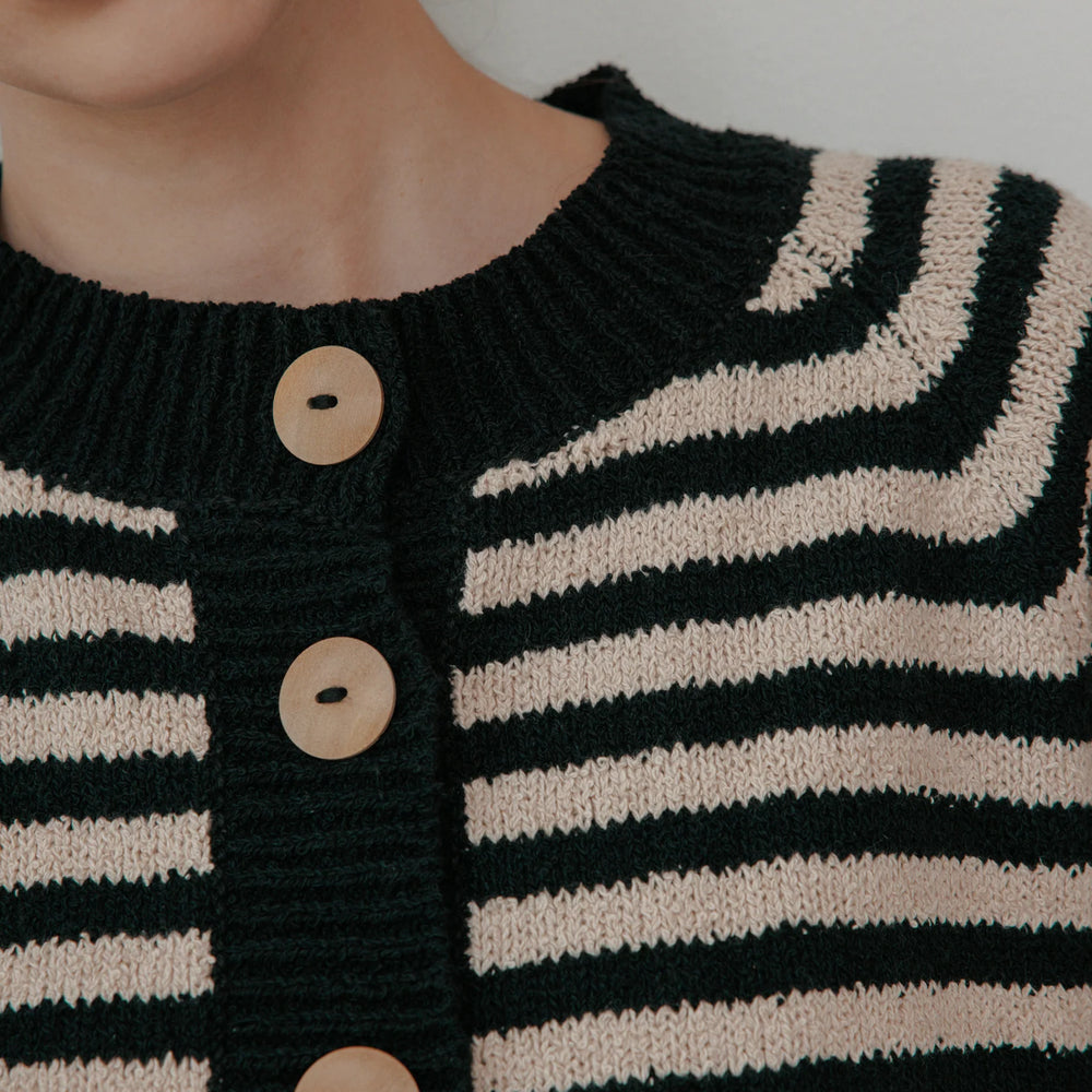 
                  
                    Stripe Bomber Cardigan in Black / Cream
                  
                